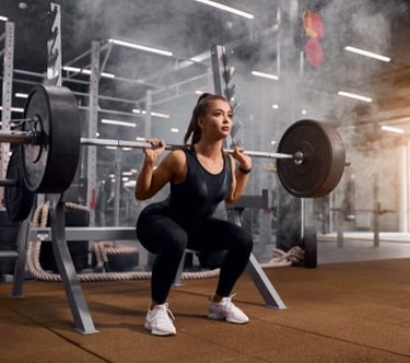 a woman squats on a barbell in a gym