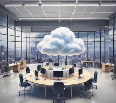 een cloud zwevend in de lucht boven een kantoor met werkplekken