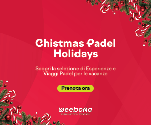 Banner natalizio rosso che promuove esperienze e viaggi Padel per le vacanze