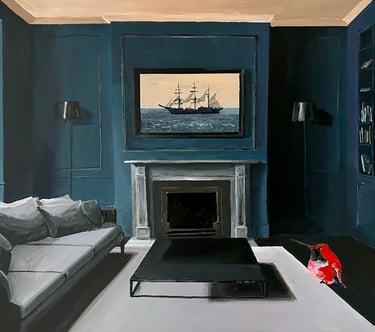 Peinture surréaliste en acrylique représentant une scène urbaine