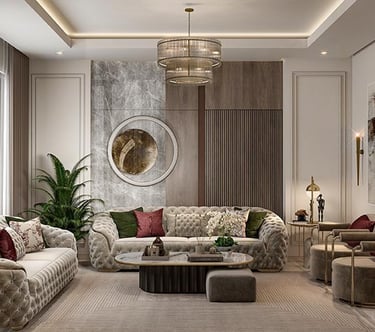معيشة نيو كلاسيك مع لمسات من الرخام والخشب