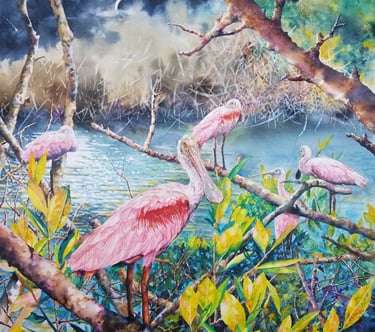 a painting of a group of birds in a tree