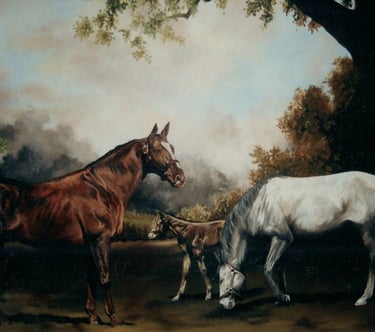 a painting of a horses in a wooded area