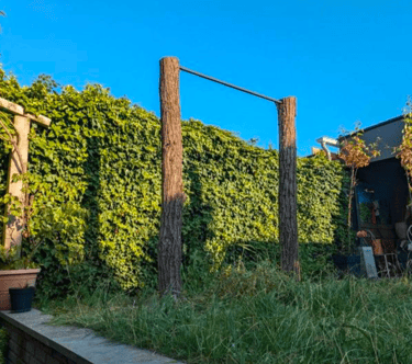 boomstammen in achtertuin rekstok als sport toestel