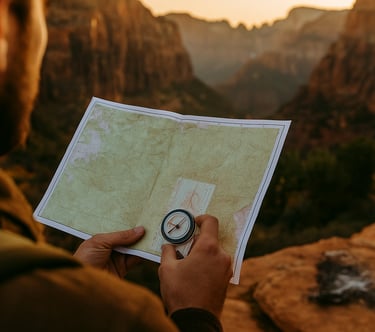 Hiker using compass and map on rocky ledge, navigating remote terrain using wilderness survival techniques