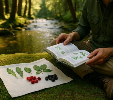 Forager referencing wild plant and berry field guide by forest stream for edible safety comparison