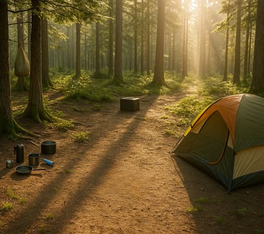 Morning sunlight shining on forest campsite with tent cooking gear and fire pit for wilderness camping and survival