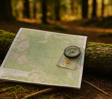 Compass on trail map balanced on log in forest, used for route planning in bushcraft and backcountry hiking