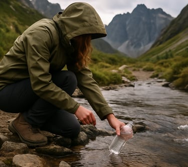 Woman crouched by stream filling survival bag with fresh water