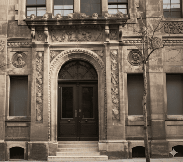 Ornate stone archway and historic building entrance of Henrich & CIA Factory
