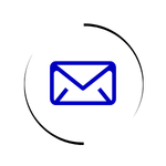 Minimalist blue email envelope icon centered within a thin black circular outline for contact us web design.
