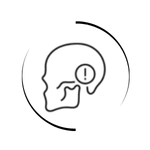 Line icon of a human skull showing TMJ jaw pain with a warning alert symbol.