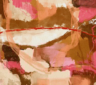 Modern abstract painting with soft earthy tones and a striking red line over layered brushstrokes