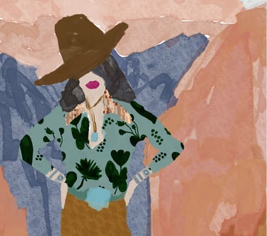 painterly illustration of a cowgirl in Marfa wearing a wide-brimmed hat, turquoise jewelry with pastel mountains behind her