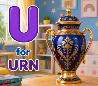 A decorative blue and gold urn illustrated with the letter U for educational alphabet learning.