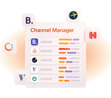 A channel manager software interface showing synchronized OTA icons for Airbnb, Booking.com, and Expedia.