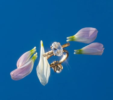 Gold rings styled with pastel flower petals on a blue background