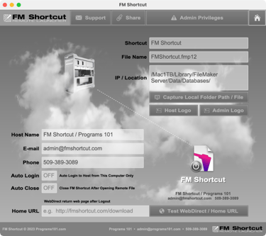FM Shortcut FileMaker Launcher admin details
