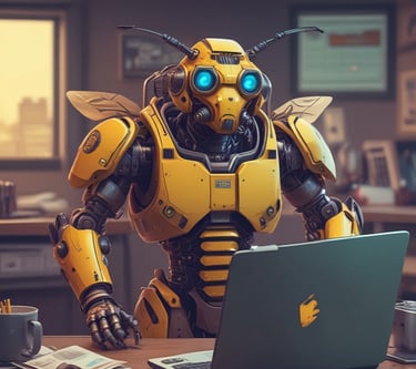 a robot like robot with a bee costume