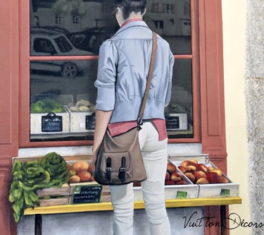 Fresque en trompe-l'oeil, une femme de dos regarde l'étal d'un maraîcher, Jura (39).