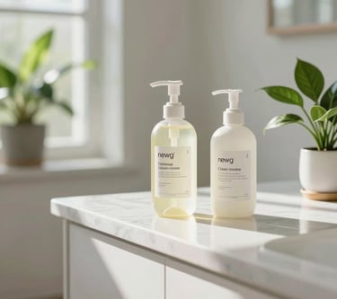 A sunlit, minimalist living room with lush green plants and natural wood accents, embodying a clean and eco-friendly home.