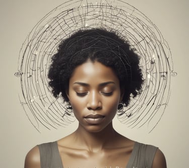 A serene young Black woman with an afro and closed eyes, surrounded by an intricate wire halo, embodying tranquility and