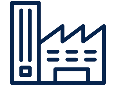 Dark blue outline icon of an industrial factory building with a chimney.