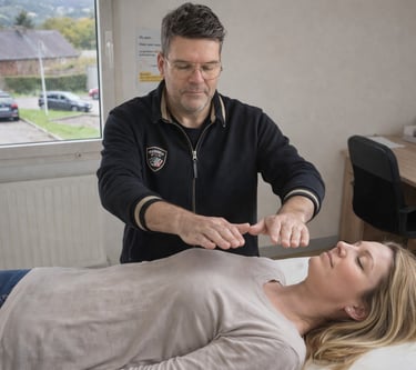 Thomas Beaucher en pleine séance de soins énergétiques