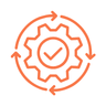 Orange line icon representing workflow automation with a gear, checkmark, and circular arrows.