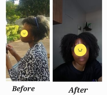 a woman with a smile face and showing her hair growth