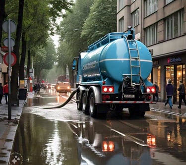 a tanker truck with a hose is parked on the street
