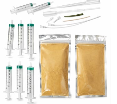 2 baby bird feeding formula in foil pouches with syringes and crop tubes