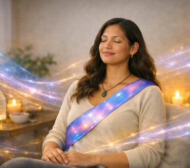 Serene Māori woman wearing a holographic wellness sash, eyes closed, surrounded by soft glowing light.