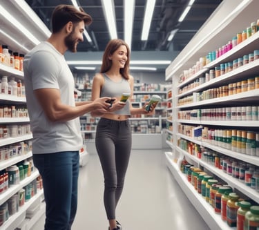 Un homme et une femme souriant devant une étagère d’une parapharmacie éclairée par des néons blanc