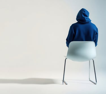 A person in a blue hoodie sitting on a white chair against a minimalist studio background.