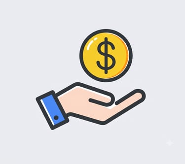 Un icono plano de una mano sosteniendo una moneda de dólar dorada, simbolizando inversión, dinero 