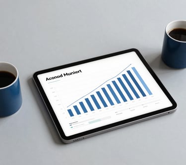 Minimalist desk setup with a tablet showing growth analytics, a coffee cup, and deep space blue accents on a clean mist surface.