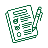 Green line icon of a checklist clipboard with checkmarks and a pen for task management.