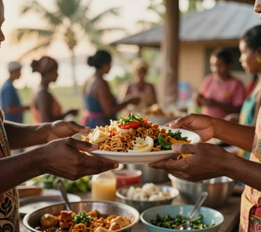 Close-up of hands sharing a warm plate of food in a vibrant community kitchen, tropical golden-hour light, 35mm documentary style.