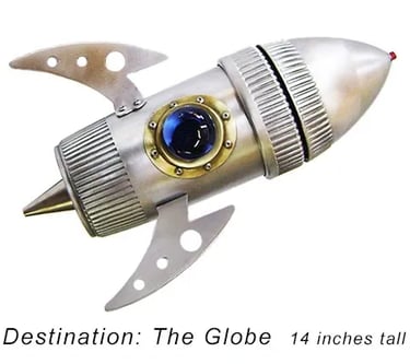 Assemblage spaceship sculpture named Destination: The Globe by artist Tal Avitzur.