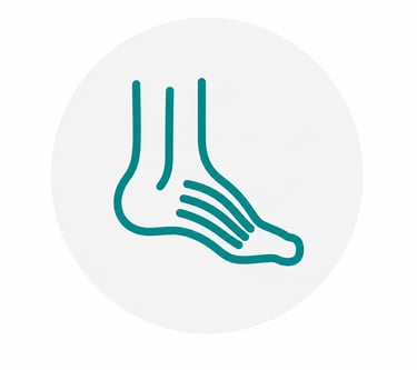 A teal human foot icon depicting podiatry care and orthopedic foot health inside a circle.