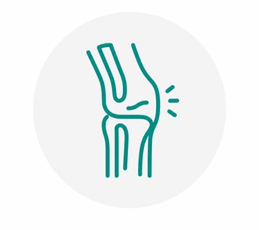 A teal line art icon of a human knee joint showing pain or inflammation for medical health concepts.