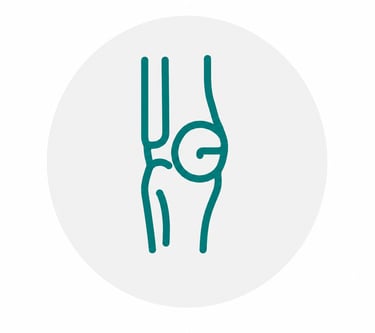 Minimalist teal line icon of a human knee joint showing anatomy for orthopedic health services.