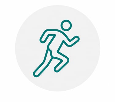 A teal minimalist running person icon on a white circular background for fitness and health.