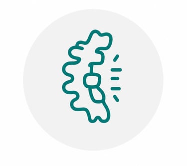 Minimalist teal icon representing back pain or spinal healthcare on a white circular background.