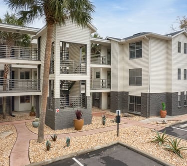 a building with a palm tree and a parking meter