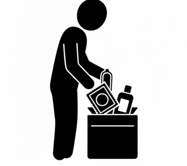 stickman putting condoms and lube into a bag