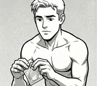 cartoon male opening condom