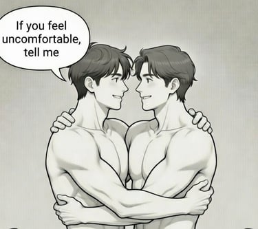 two cartoon males hugging each other one sayin Ig you feel uncomfortable tell me