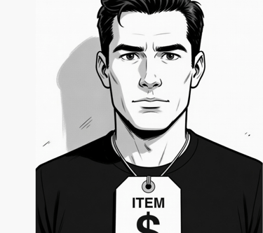 male cartoon with tag around his neck